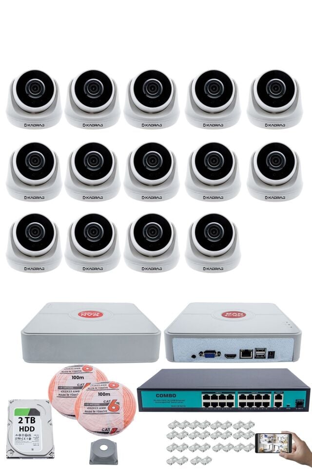 14 Kameralı IP Dome Güvenlik Kamerası Seti | 4MP Ultra HD, 30m Gece Görüş, Ses Alma,  2TB H.D.D