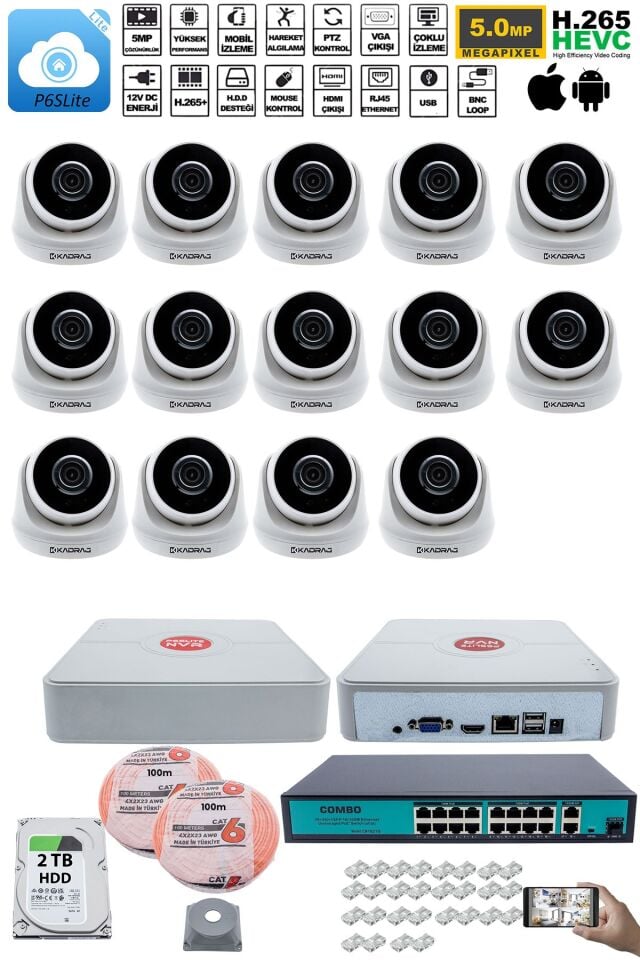 14 Kameralı IP Dome Güvenlik Kamerası Seti | 4MP Ultra HD, 30m Gece Görüş, Ses Alma,  2TB H.D.D