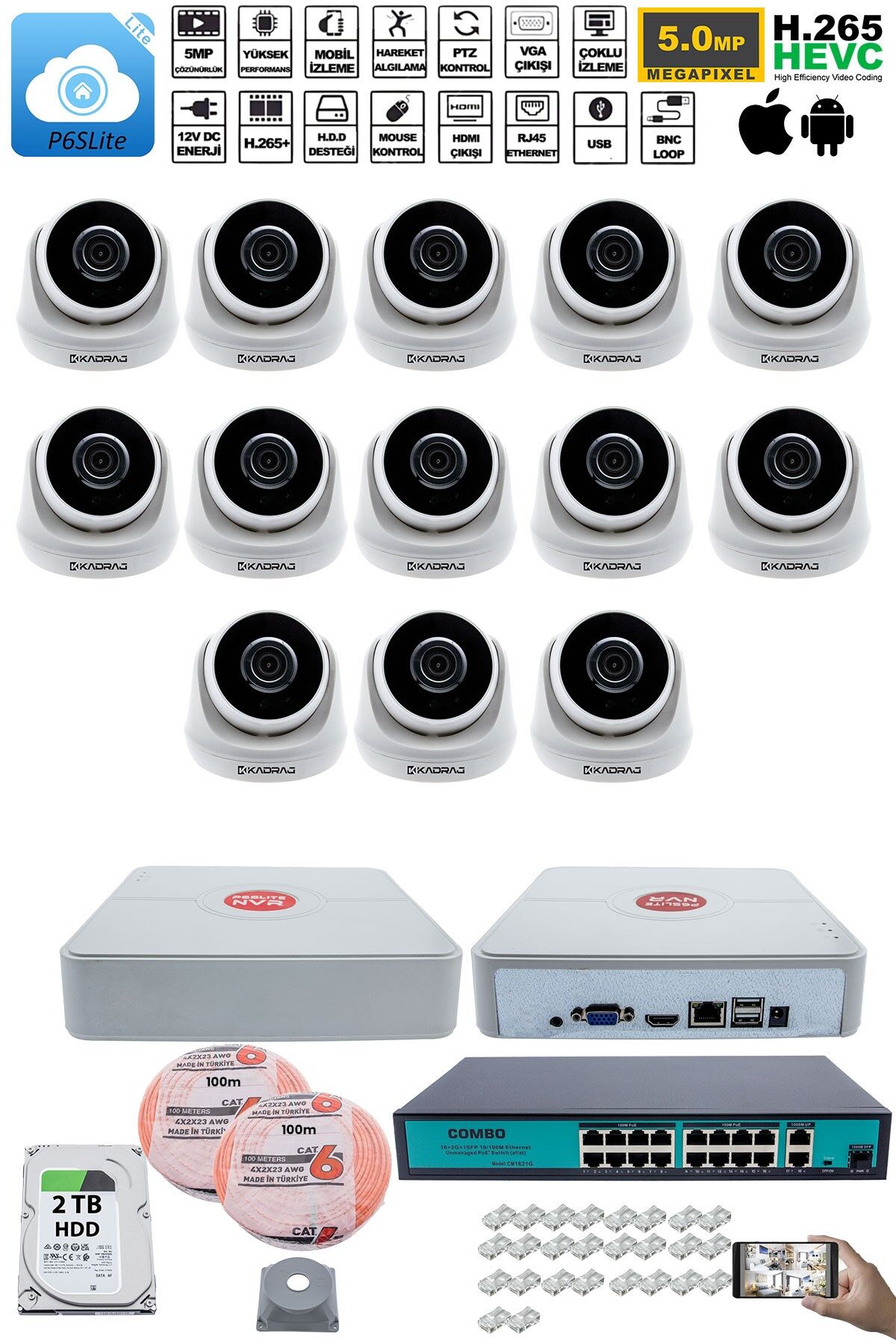 13 Kameralı IP Dome Güvenlik Kamerası Seti | 4MP Ultra HD, 30m Gece Görüş, Ses Alma, 2TB H.D.D