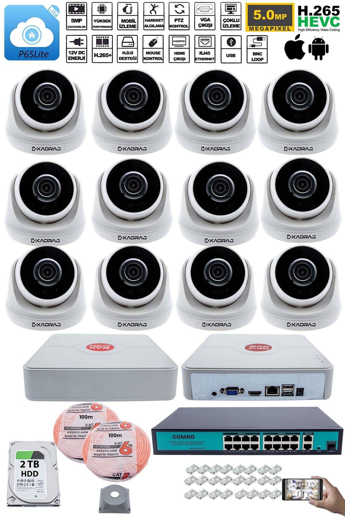 12 Kameralı IP Dome Güvenlik Kamerası Seti | 4MP Ultra HD, 30m Gece Görüş, Ses Alma, 2TB H.D.D
