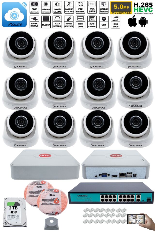 12 Kameralı IP Dome Güvenlik Kamerası Seti | 4MP Ultra HD, 30m Gece Görüş, Ses Alma, 2TB H.D.D