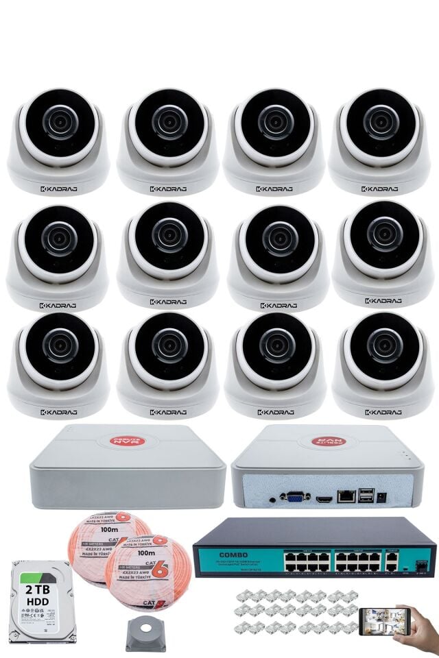 12 Kameralı IP Dome Güvenlik Kamerası Seti | 4MP Ultra HD, 30m Gece Görüş, Ses Alma, 2TB H.D.D