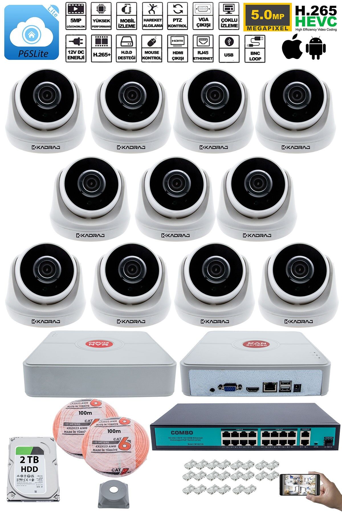 11 Kameralı IP Dome Güvenlik Kamerası Seti | 4MP Ultra HD, 30m Gece Görüş, Ses Alma, 2TB H.D.D