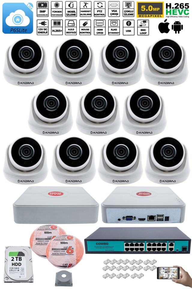 11 Kameralı IP Dome Güvenlik Kamerası Seti | 4MP Ultra HD, 30m Gece Görüş, Ses Alma, 2TB H.D.D