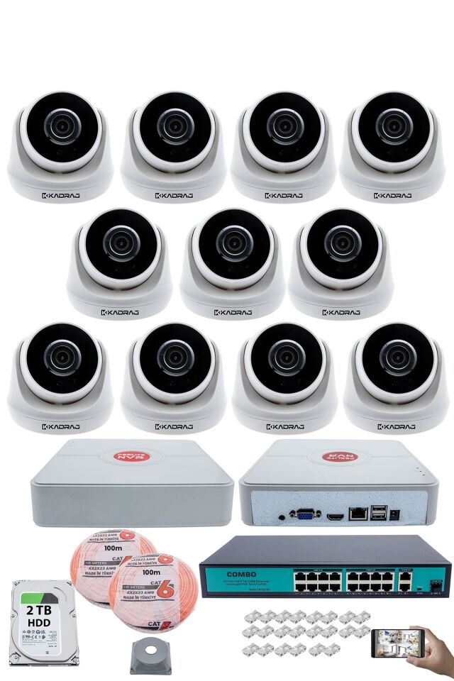 11 Kameralı IP Dome Güvenlik Kamerası Seti | 4MP Ultra HD, 30m Gece Görüş, Ses Alma, 2TB H.D.D