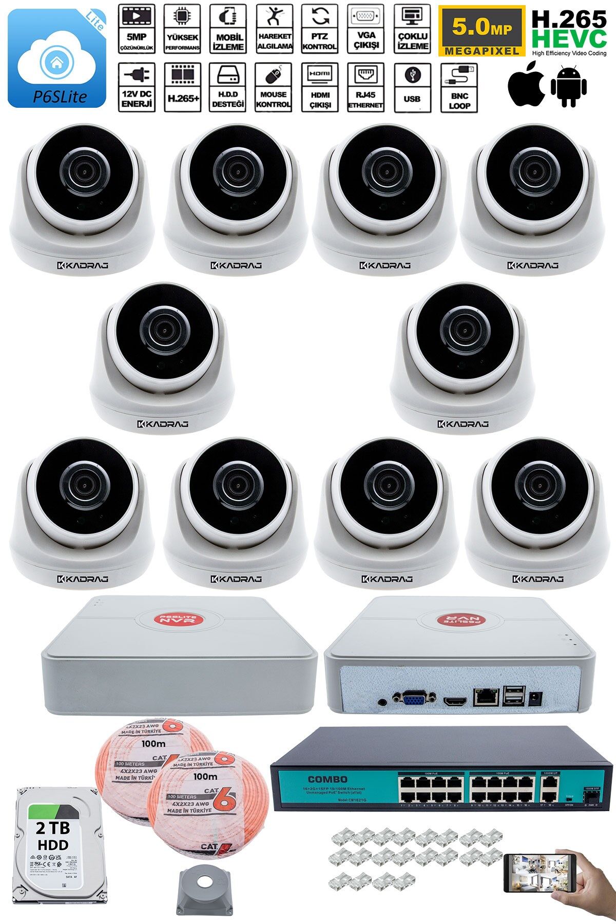 10 Kameralı IP Dome Güvenlik Kamerası Seti | 4MP Ultra HD, 30m Gece Görüş, Ses Alma,  2TB H.D.D