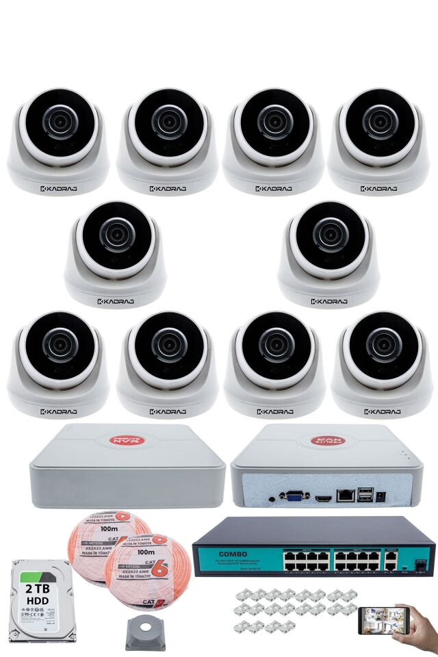 10 Kameralı IP Dome Güvenlik Kamerası Seti | 4MP Ultra HD, 30m Gece Görüş, Ses Alma,  2TB H.D.D