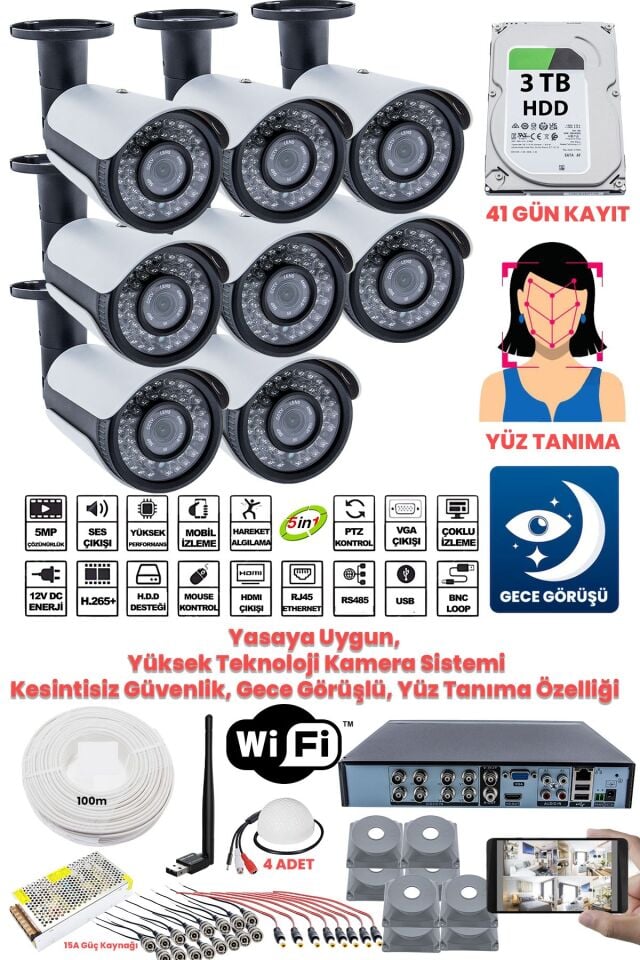 Güvenlik Kamera Seti - 8 Kameralı - 5MP Sony SecuLens, Full HD, Gece Görüşü, 3TB Disk + Ses Alma