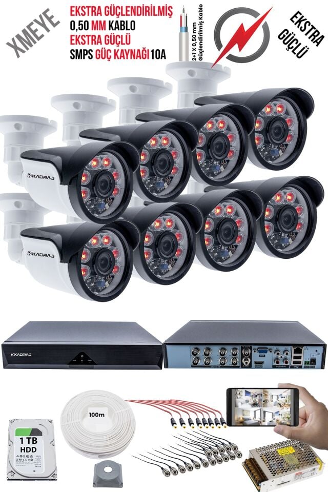 8 Kameralı Güvenlik Kamera Seti - Ekstra Uzun Mesafeli Güçlü, 5MP Sony Lens,  1TB  H.D.D