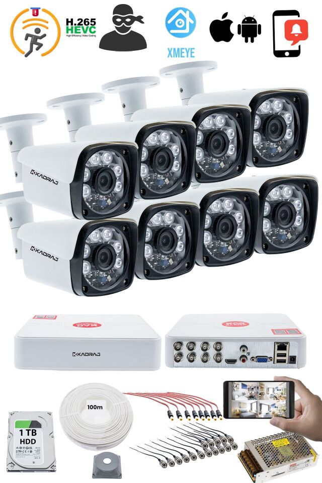8'li Kamera Seti - 5MP Sony SecuLensli 1080P Full HD, 6 Atom LED, AHD Güvenlik Kamerası Seti,