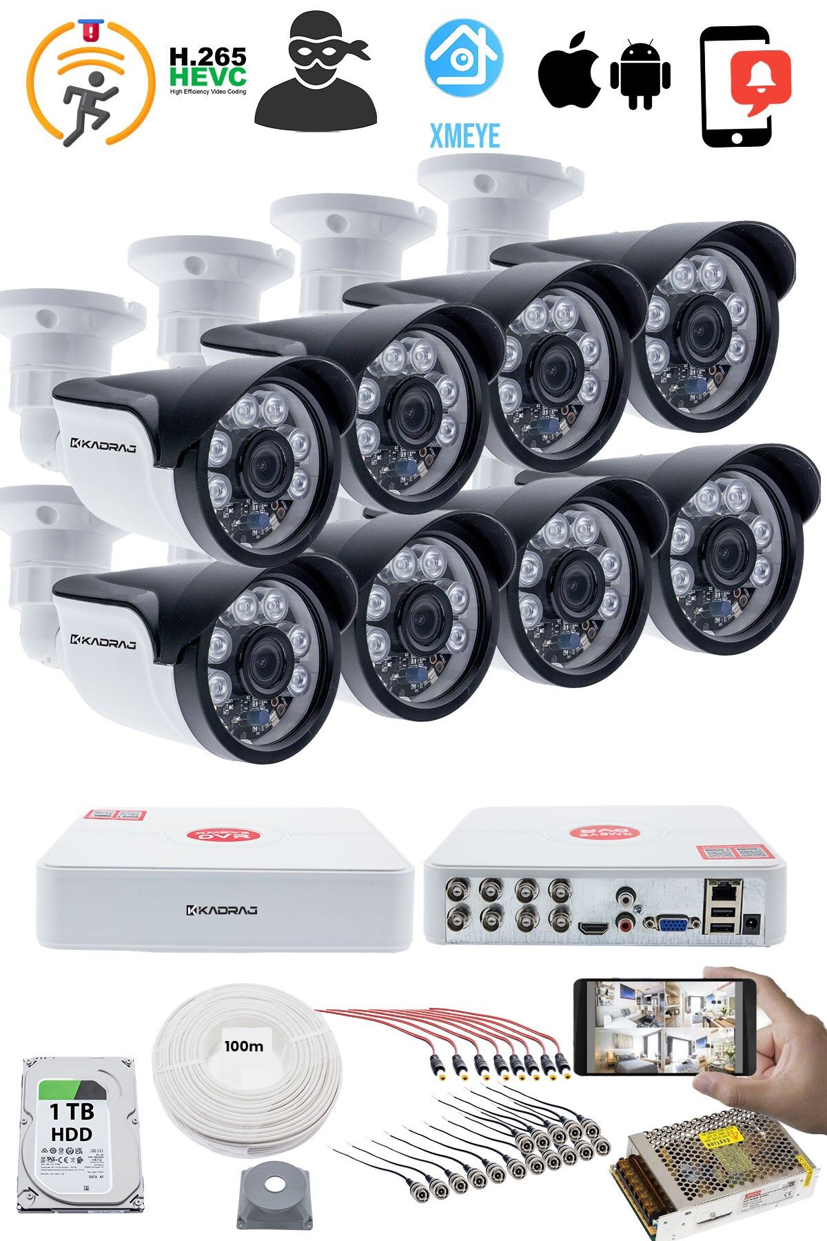 8'li Kamera Seti - 5MP Sony SecuLensli 1080P, 6 Atom LED, Full HD AHD Güvenlik Kamerası Seti,
