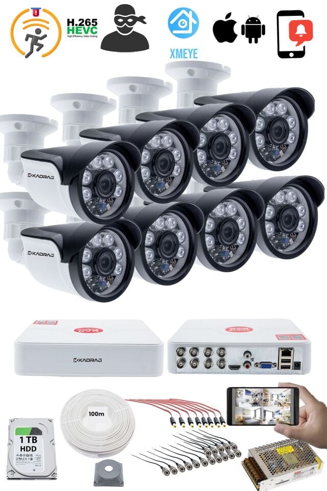 8'li Kamera Seti - 5MP Sony SecuLensli 1080P, 6 Atom LED, Full HD AHD Güvenlik Kamerası Seti,