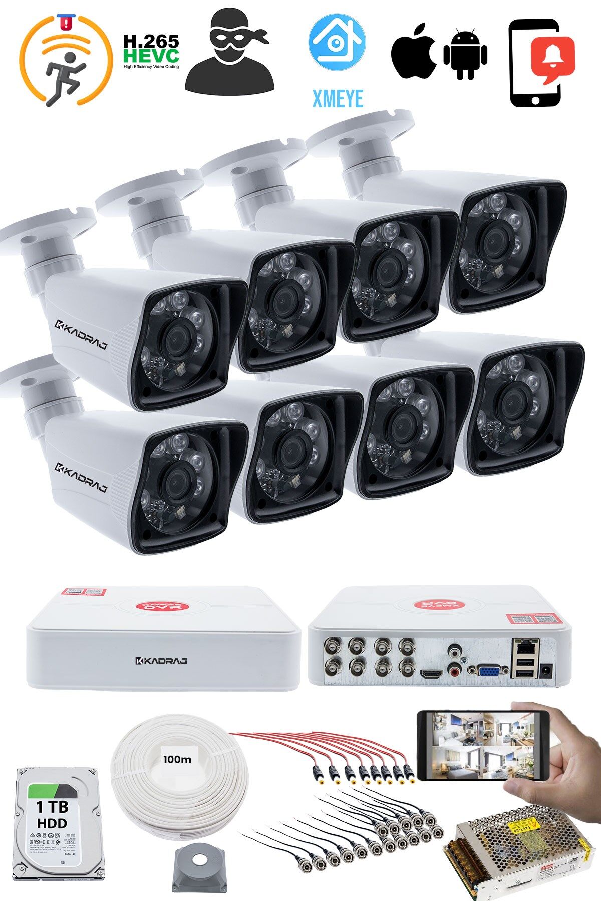 8 KAMERALI GÜVENLİK KAMERASI SETİ - 5MP Sony SecuLensli 1080P Full HD AHD, 6 Atom LED, Gece Görüşlü,