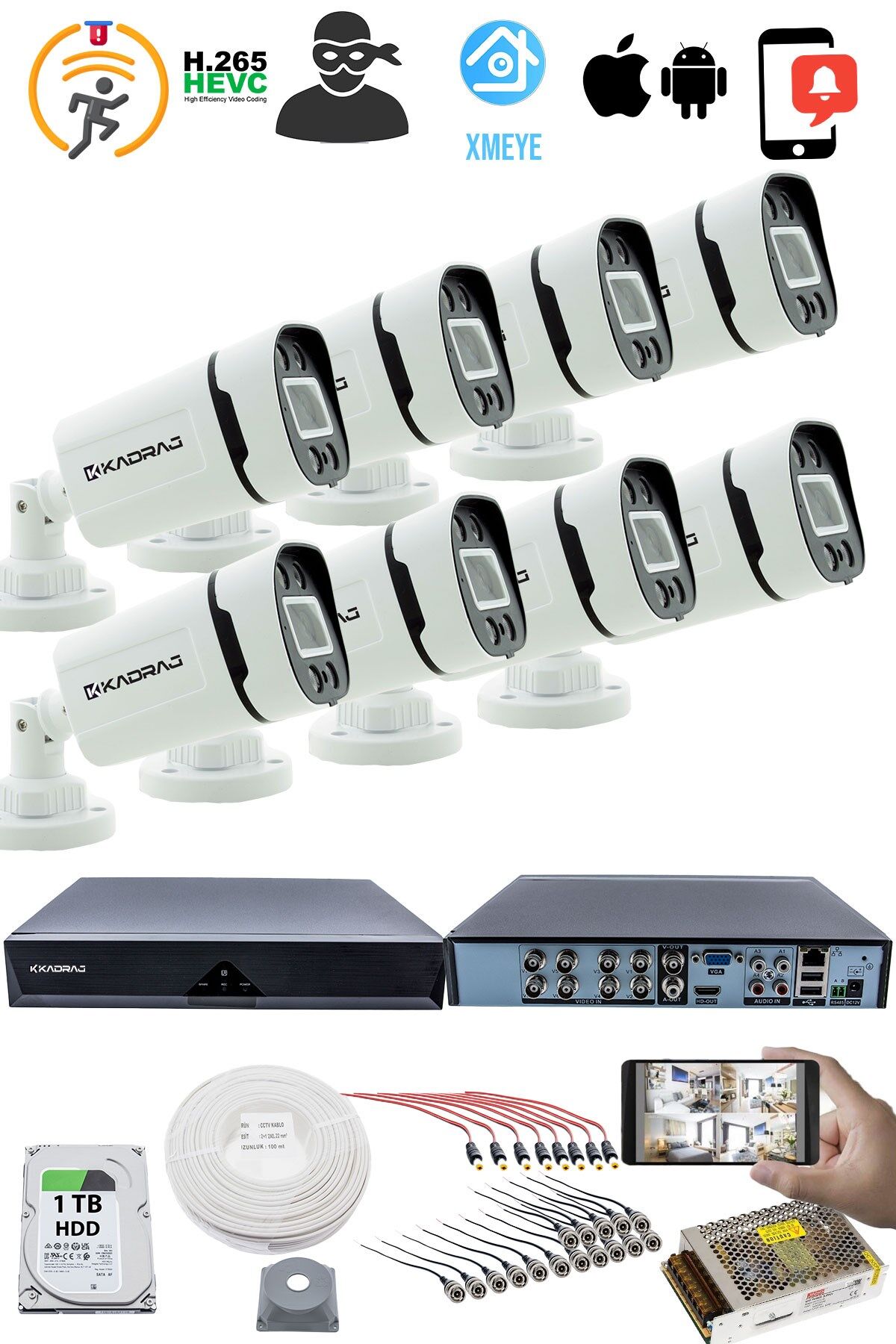8'li Kamera Seti - 5MP Sony SecuLensli 1080P, 4 Warm LED, Gece Renkli, AHD Güvenlik Kamerası Seti