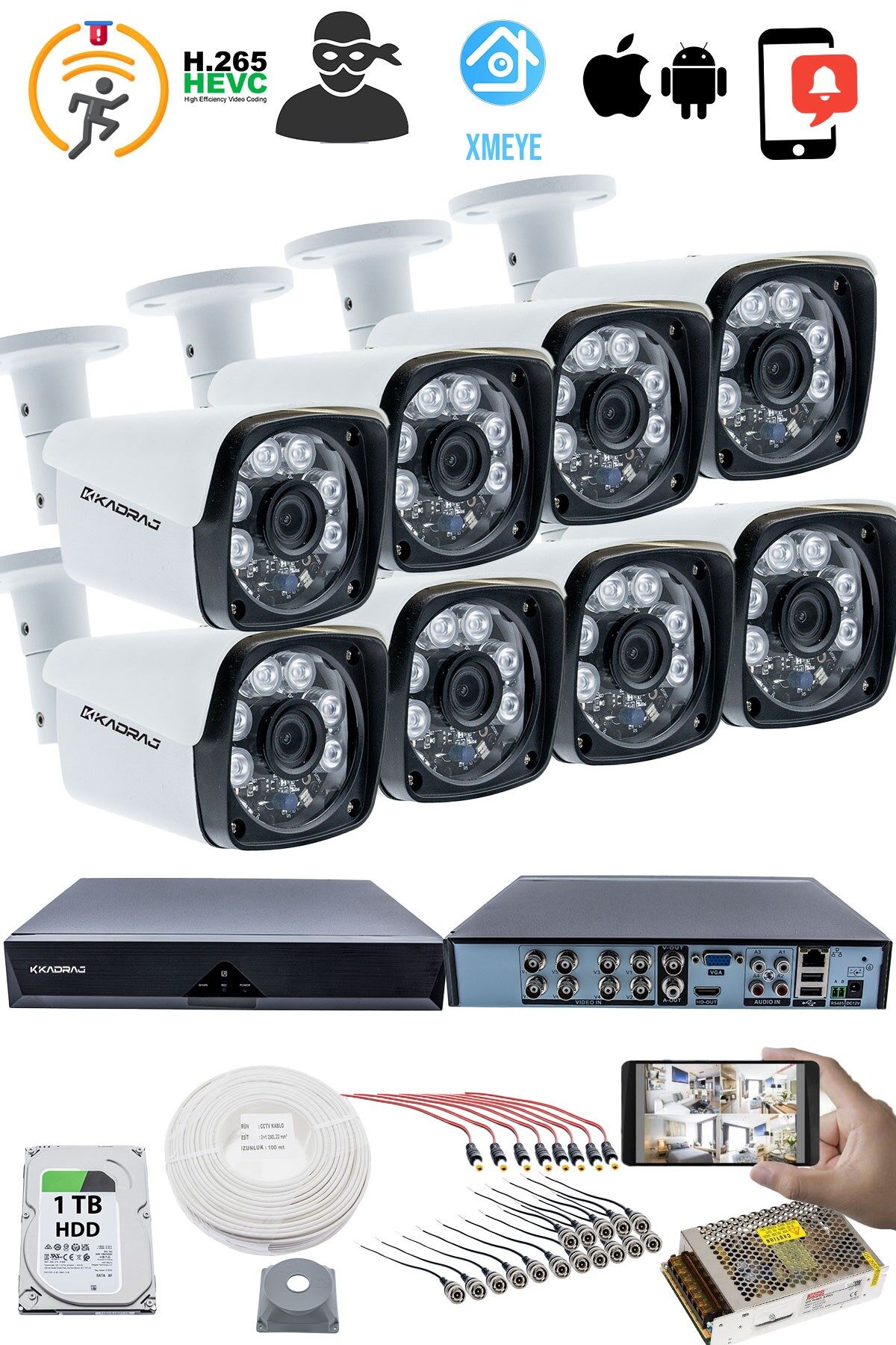 8'li Kamera Seti - 5MP Sony SecuLensli 1080P Full HD, 6 Atom LED, AHD Güvenlik Kamerası Seti