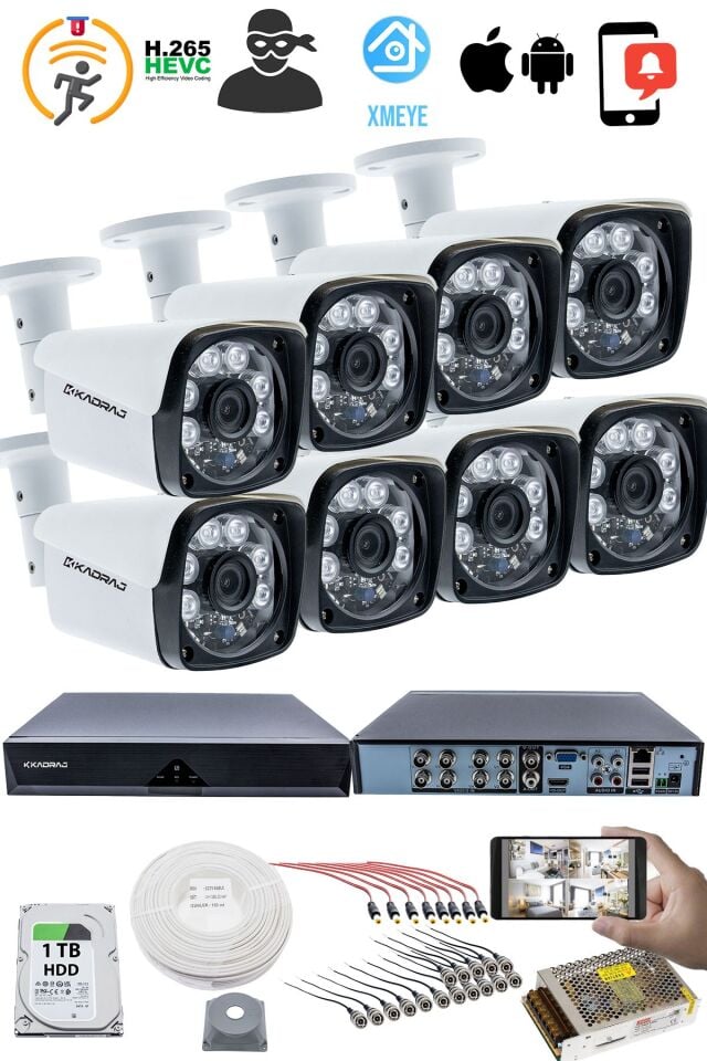 8'li Kamera Seti - 5MP Sony SecuLensli 1080P Full HD, 6 Atom LED, AHD Güvenlik Kamerası Seti