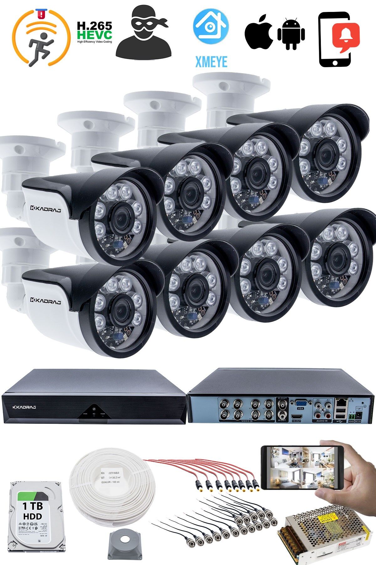 8'li Kamera Seti - 5MP Sony SecuLensli 1080P, 6 Atom LED, Full HD AHD Güvenlik Kamerası Seti,