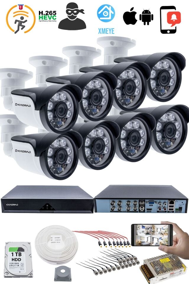 8'li Kamera Seti - 5MP Sony SecuLensli 1080P, 6 Atom LED, Full HD AHD Güvenlik Kamerası Seti,