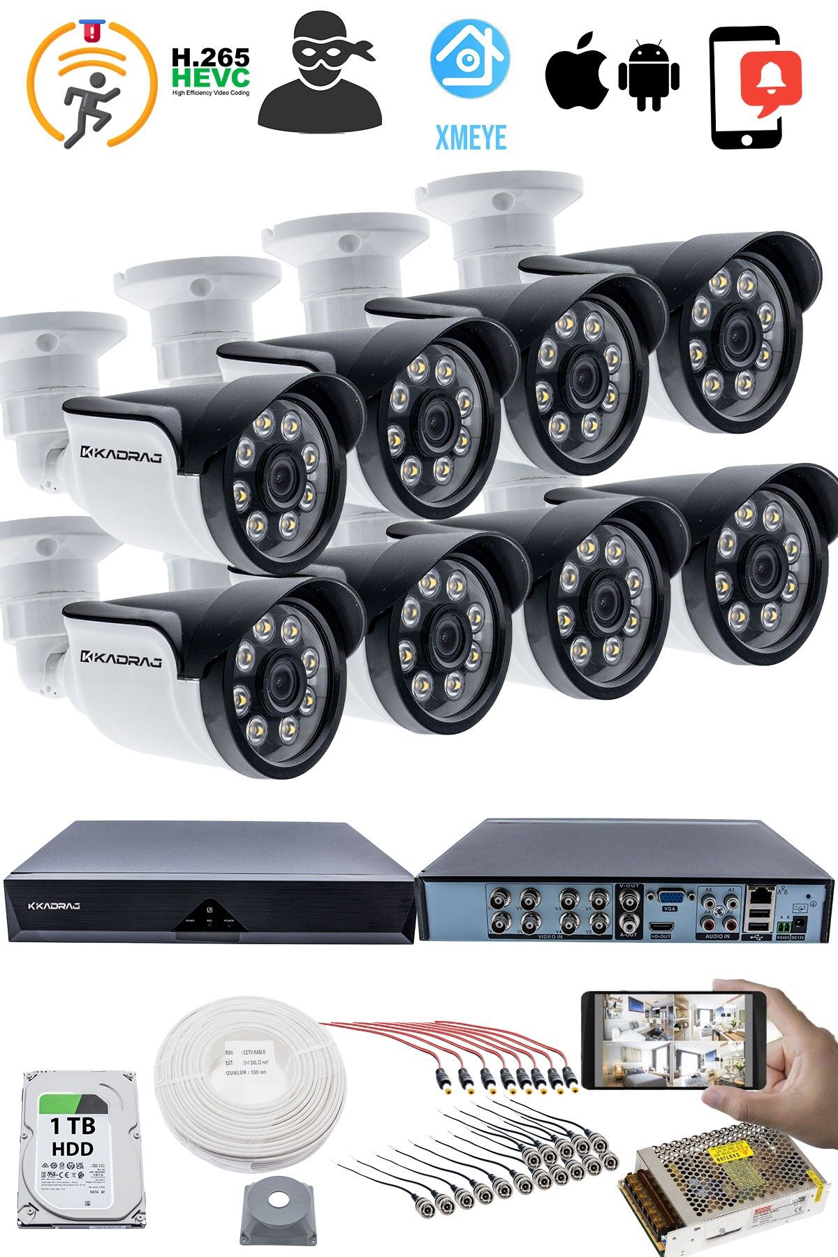 8 KAMERALI GÜVENLİK KAMERASI SETİ - 5MP Sony SecuLensli 1080P AHD, 8 Warm LED,  1TB Disk