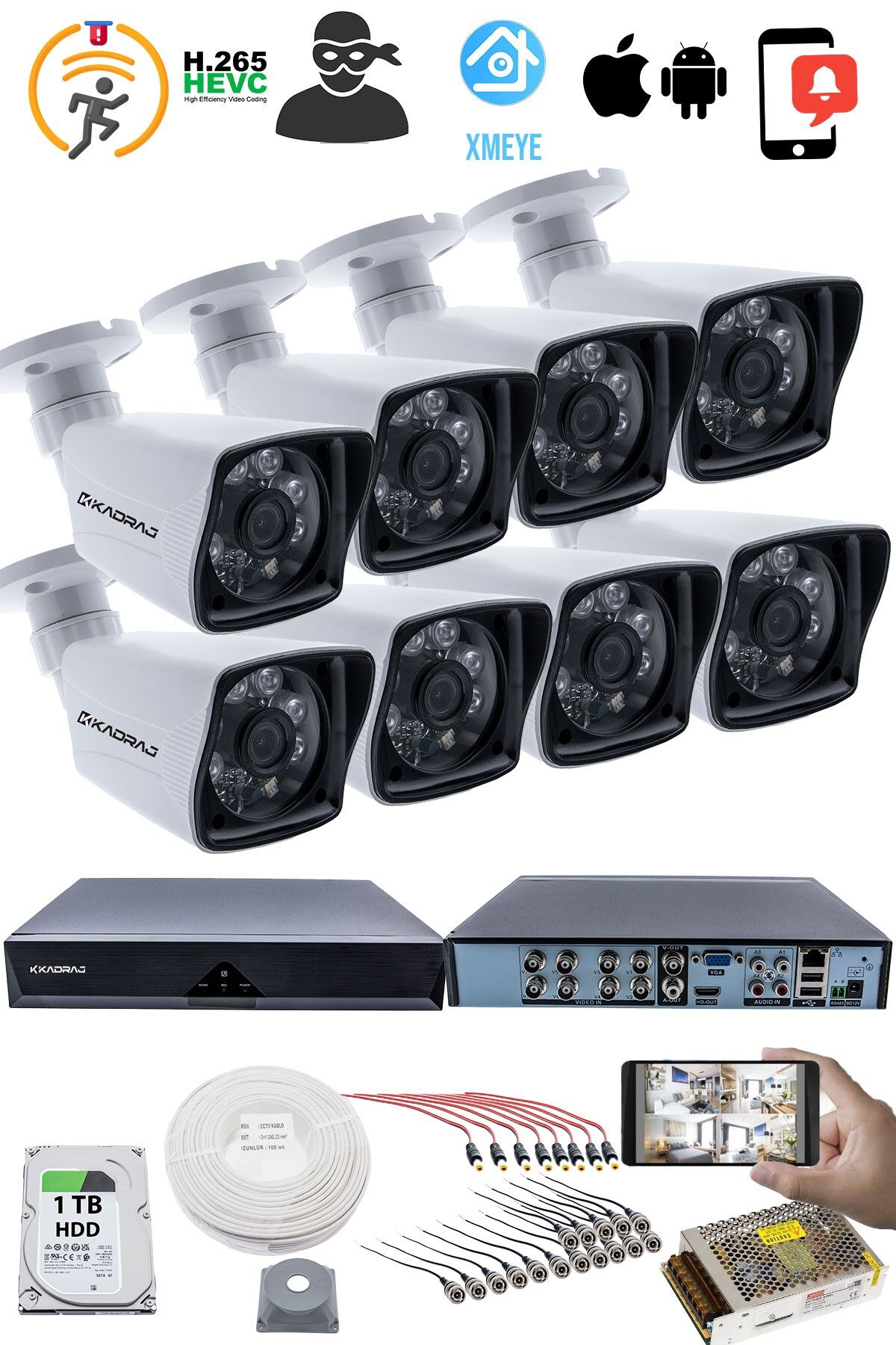 8 KAMERALI GÜVENLİK KAMERASI SETİ - 5MP Sony SecuLensli 1080P Full HD AHD,Gece Görüşlü, Plastik Kasa