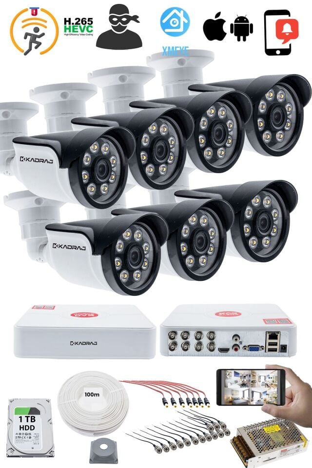 7'LI GÜVENLİK KAMERASI SETİ - 5MP Sony SecuLensli 1080p AHD, 8 Warm LED, Gece Renkli Görüş, 1TB Disk