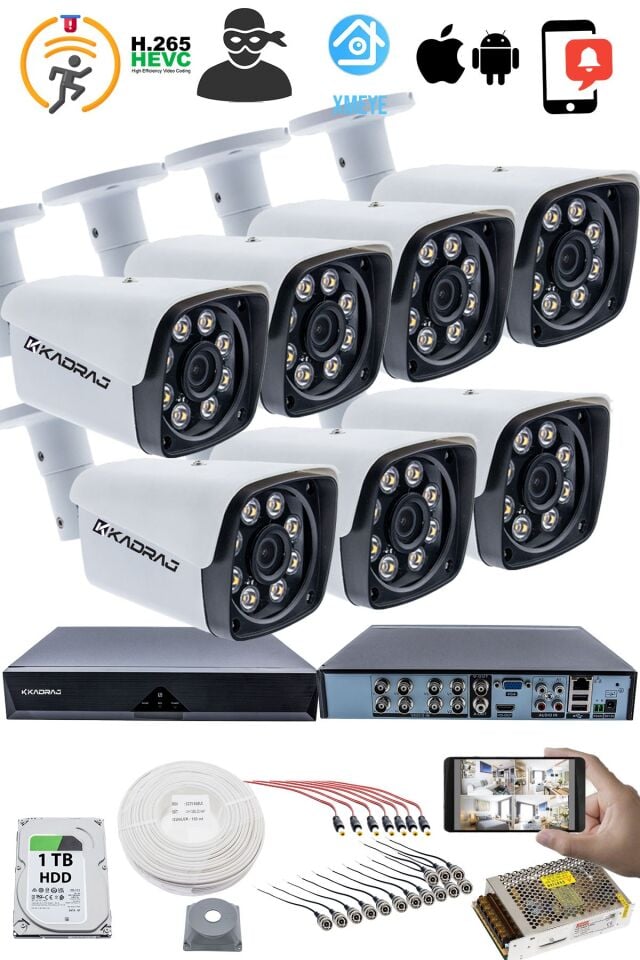 7'LI GÜVENLİK KAMERASI SETİ - 5MP Sony SecuLensli 1080P , AHD, 8 Ultra Warm LED, Gece Renkli Görüş