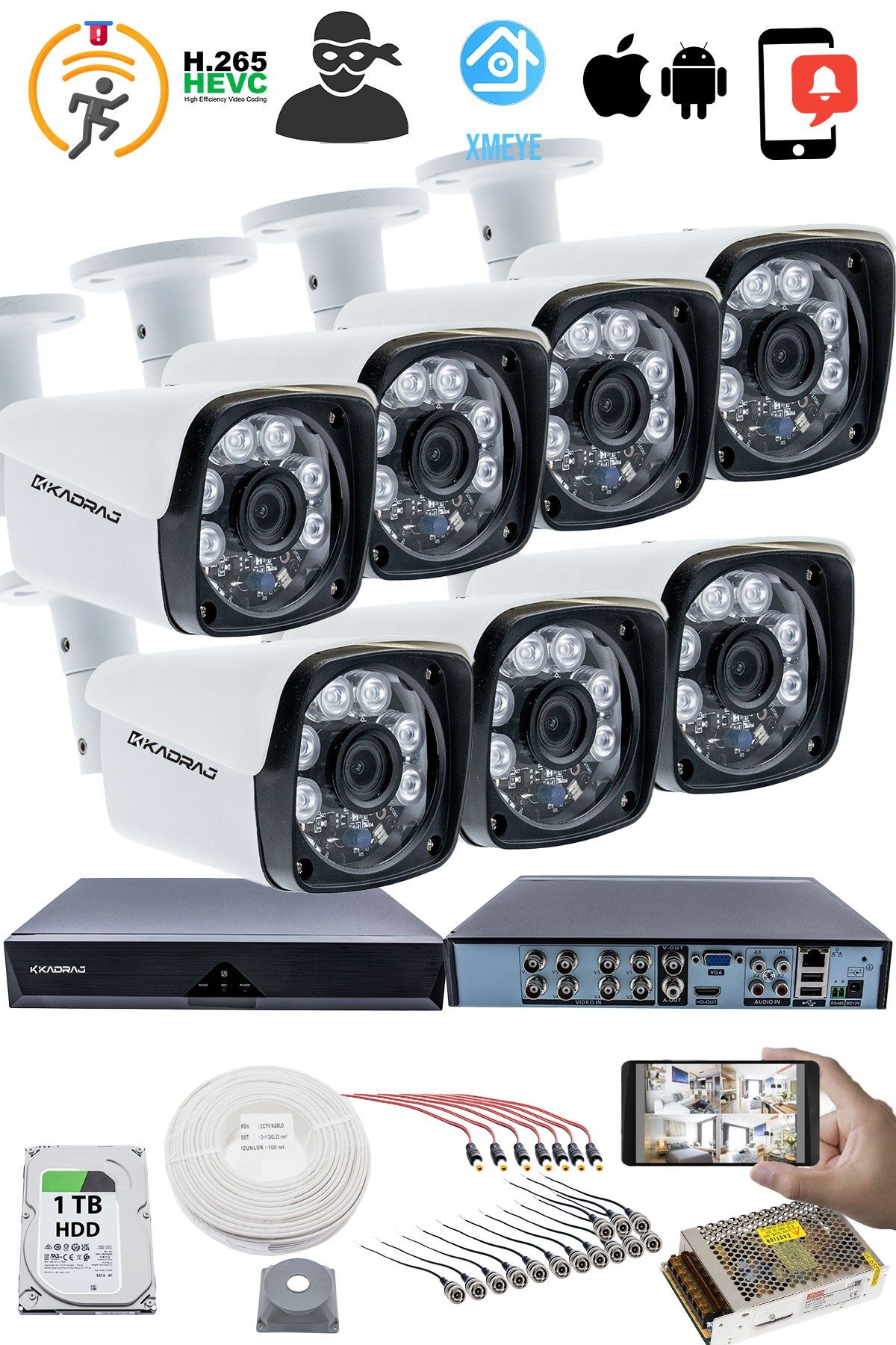 7'LI KAMERA SETİ - 5MP Sony SecuLensli 1080P Full HD, 6 Atom LED, AHD Güvenlik Kamerası Seti,