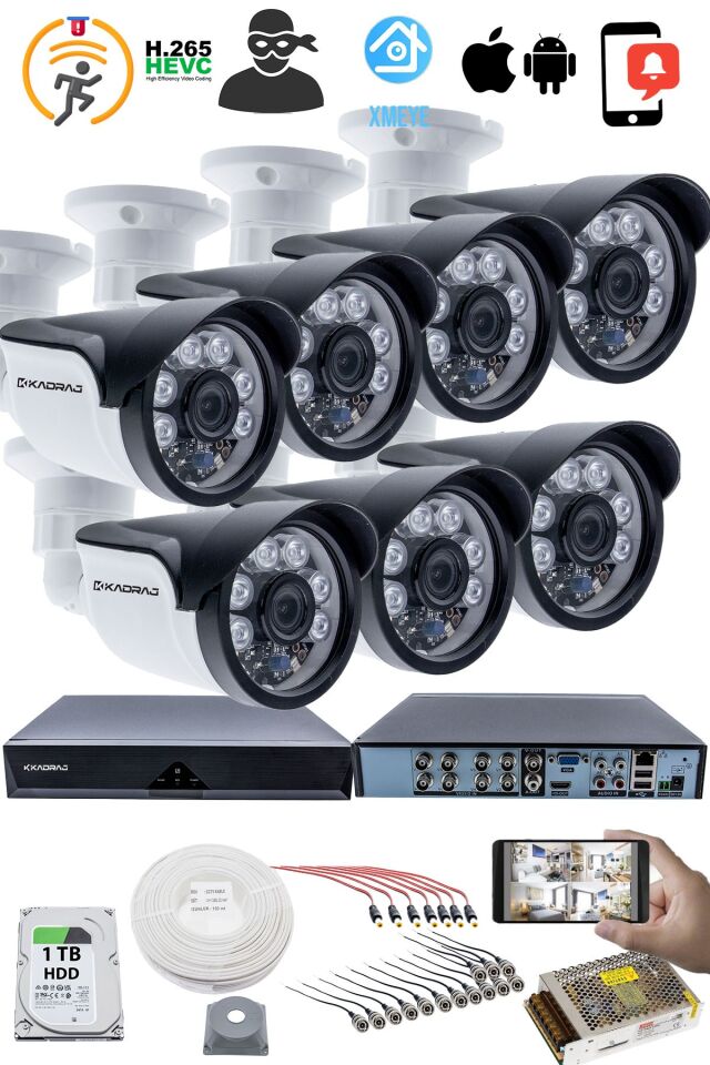 7'LI KAMERA SETİ - 5MP Sony SecuLensli 1080p, 6 Atom LED, AHD Güvenlik Kamerası Seti, Gece Görüşlü