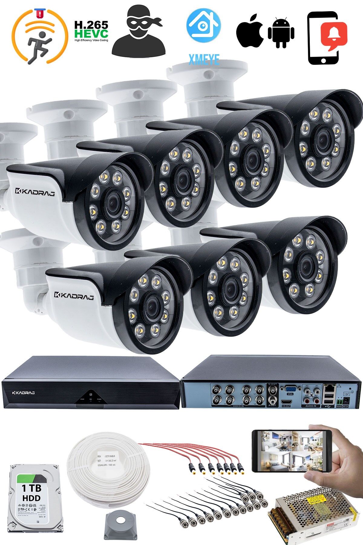 7'LI GÜVENLİK KAMERASI SETİ - 5MP Sony SecuLensli 1080p AHD, 8 Warm LED, Gece Renkli Görüş, 1TB Disk