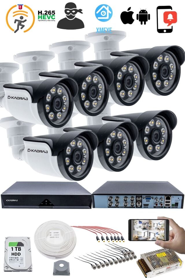 7'LI GÜVENLİK KAMERASI SETİ - 5MP Sony SecuLensli 1080p AHD, 8 Warm LED, Gece Renkli Görüş, 1TB Disk