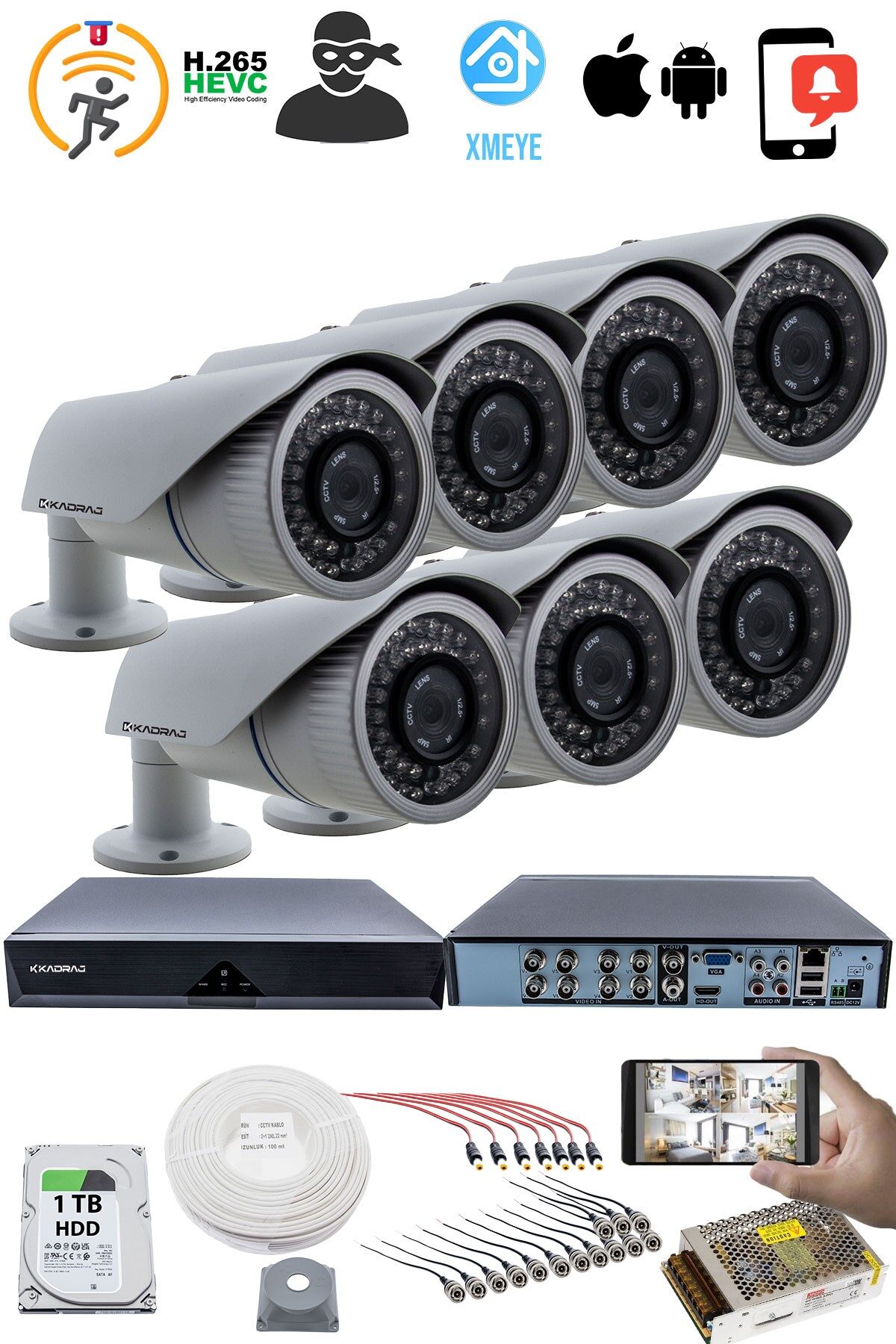 7'LI GÜVENLİK KAMERASI SETİ - 5MP Sony SecuLensli 1080p AHD, 42 IR LED,Gece Görüş, Metal Kasa