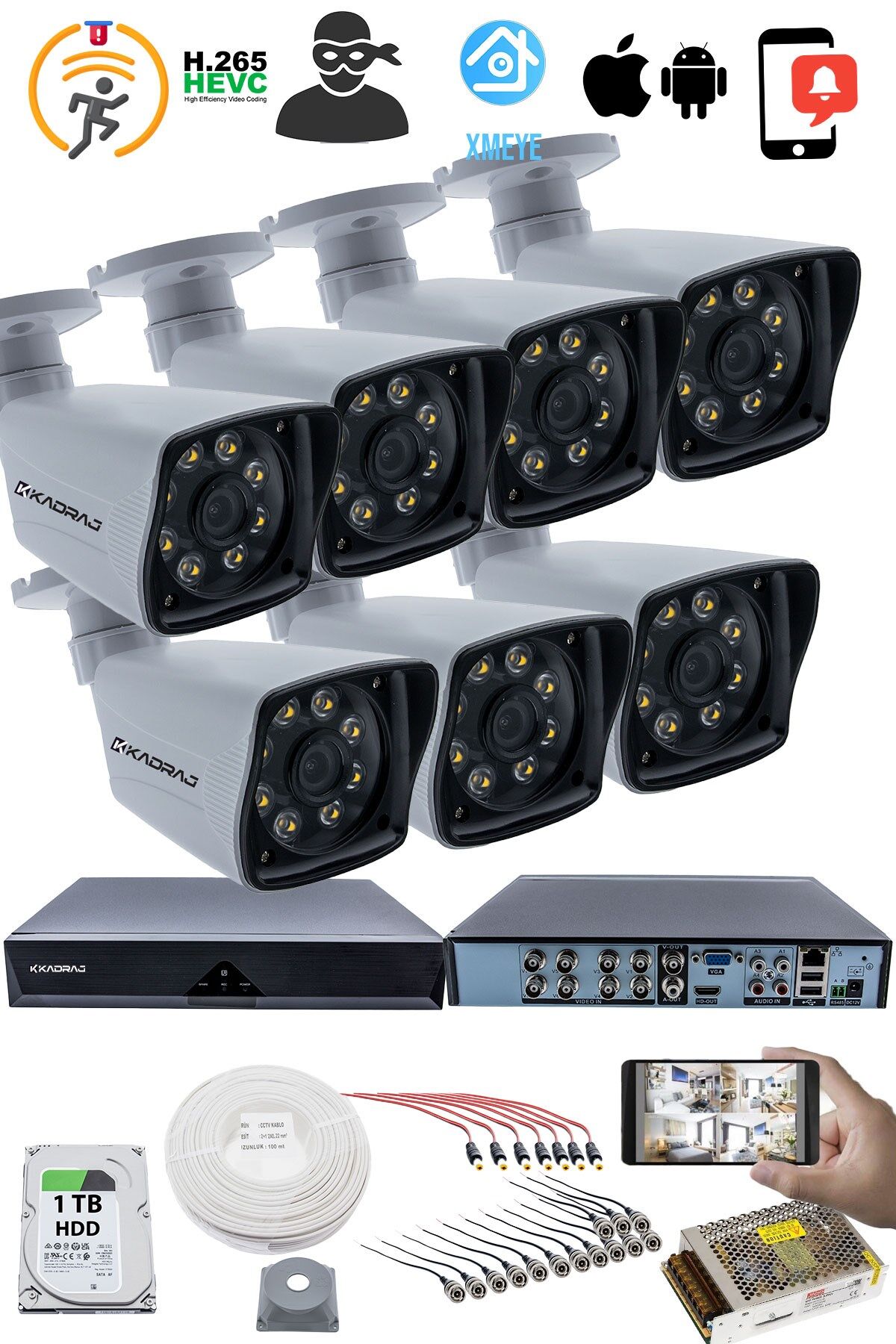 7'LI GÜVENLİK KAMERASI SETİ - 5MP Sony SecuLensli 1080p Full HD AHD, 8 Ultra Warm LED, Gece Renkli