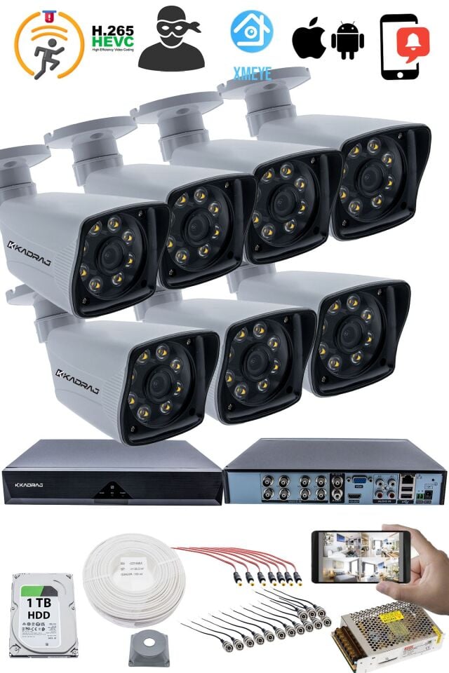 7'LI GÜVENLİK KAMERASI SETİ - 5MP Sony SecuLensli 1080p Full HD AHD, 8 Ultra Warm LED, Gece Renkli