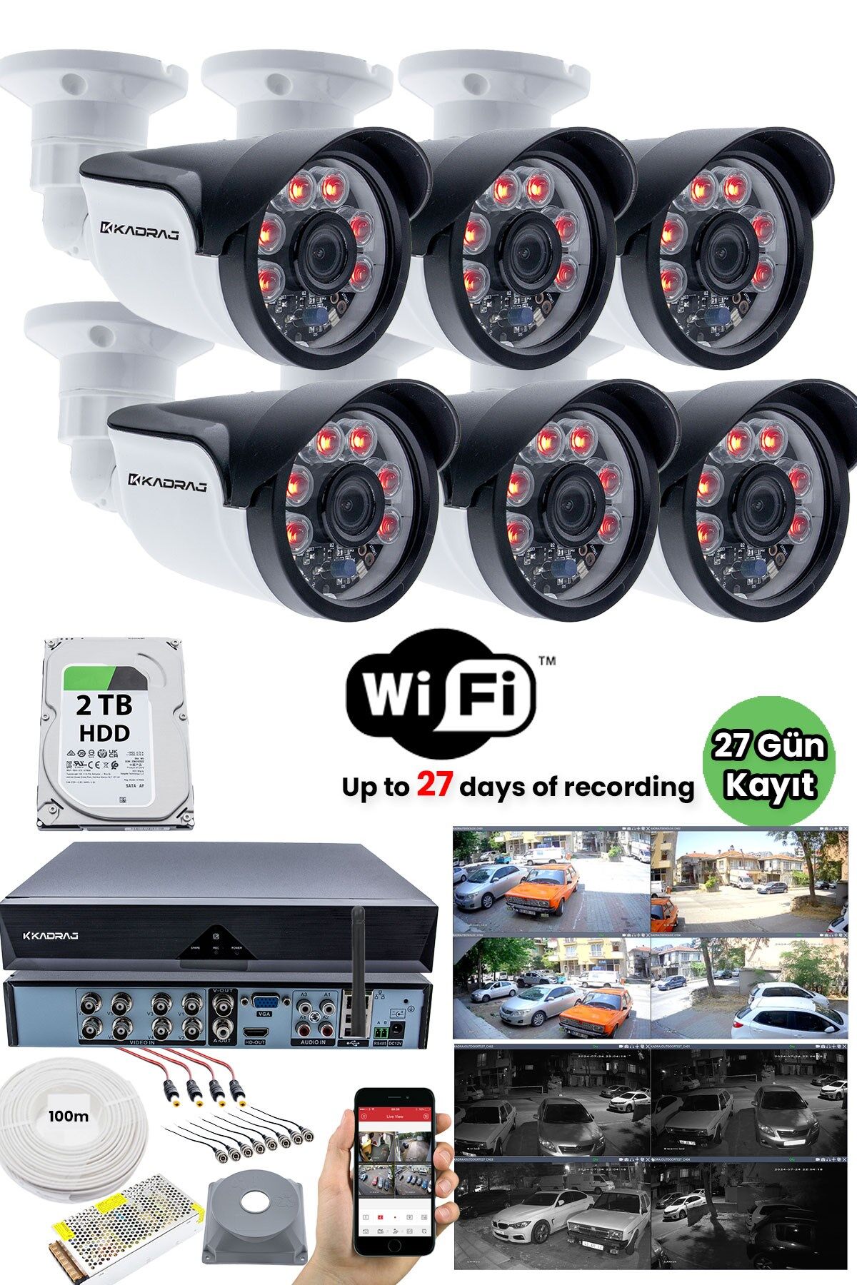 6 Kameralı Güvenlik Kamera Seti - 2TB H.D.D, Gece Görüşlü, Mobil İzleme, 10A SMPS
