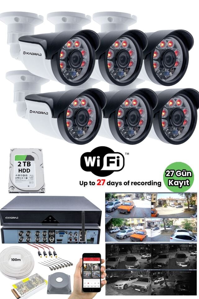 6 Kameralı Güvenlik Kamera Seti - 2TB H.D.D, Gece Görüşlü, Mobil İzleme, 10A SMPS