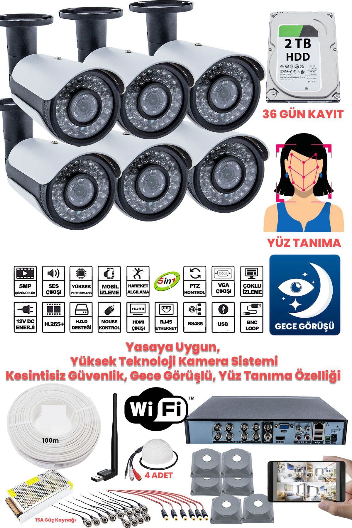 Güvenlik Kamera Seti - 6 Kameralı - 5MP Sony SecuLens, Full HD, Gece Görüşü, 2TB Disk + Ses Alma