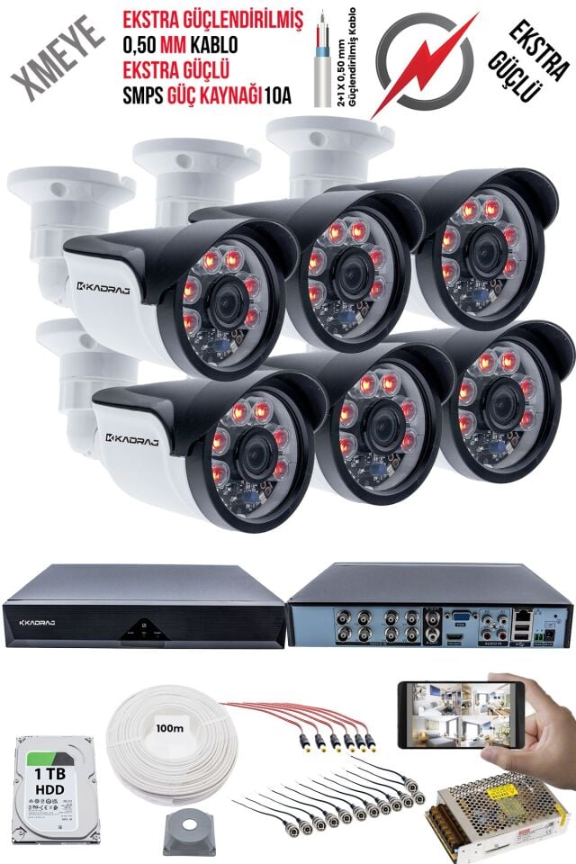 6 Kameralı Güvenlik Kamera Seti - Ekstra Uzun Mesafeli Güçlü, 5MP Sony Lens, 1TB  H.D.D