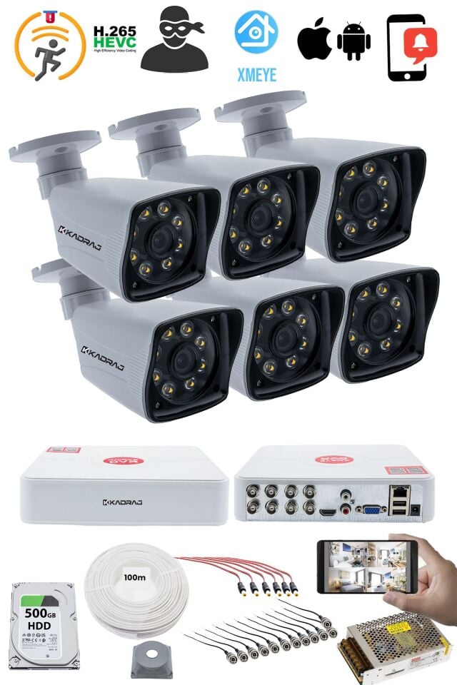 6'LI GÜVENLİK KAMERASI SETİ - 5MP Sony SecuLensli 1080p Full HD AHD, 8 Ultra Warm LED, Gece Renkli,