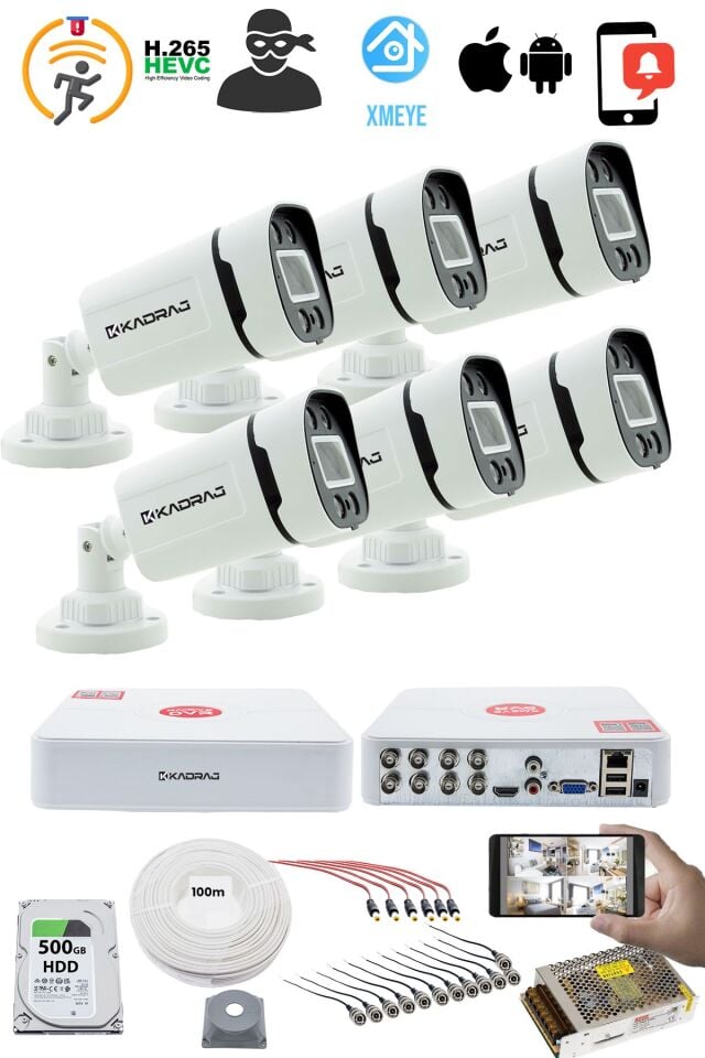 6 Kameralı Set 5MP Sony SecuLensli 1080P, 4 Warm LED, Gece Renkli, Full HD AHD Güvenlik Kamerası Set