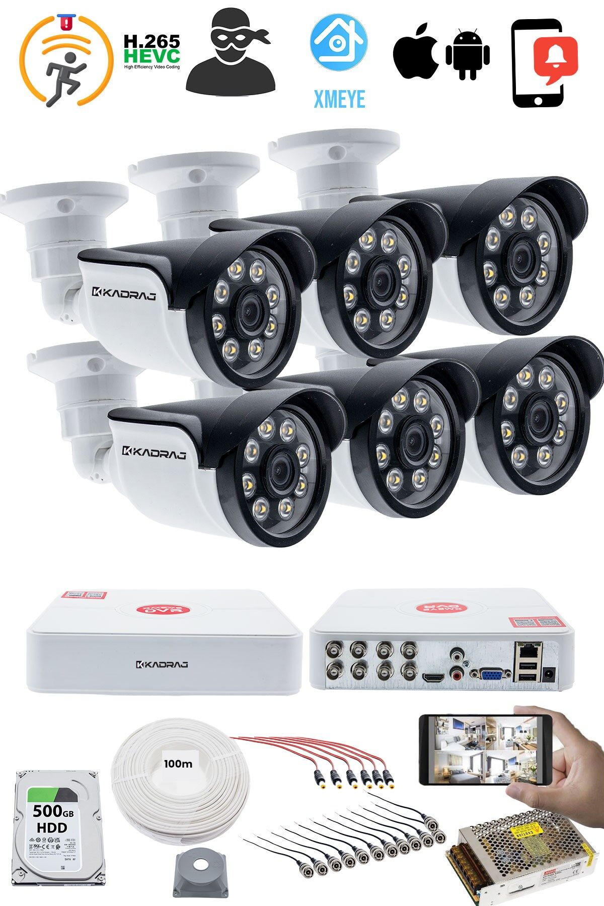 6'LI KAMERALI GÜVENLİK KAMERASI SETİ - 5MP Sony SecuLensli 1080p AHD, 8 Warm LED,