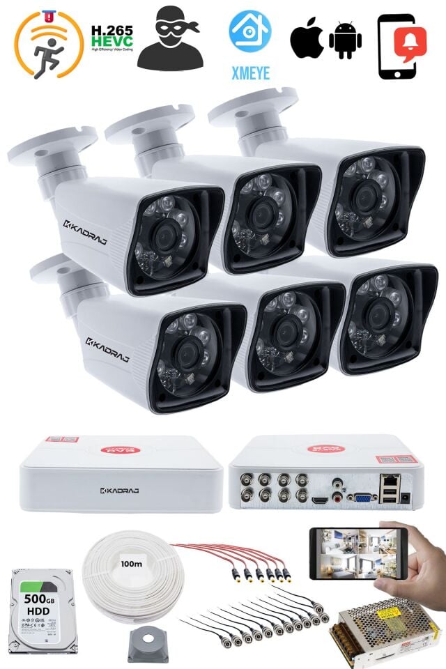 6 KAMERALI SET - 5MP Sony SecuLensli 1080P Full HD AHD, 6 Atom LED, Gece Görüşlü, IP66 Su Geçirmez