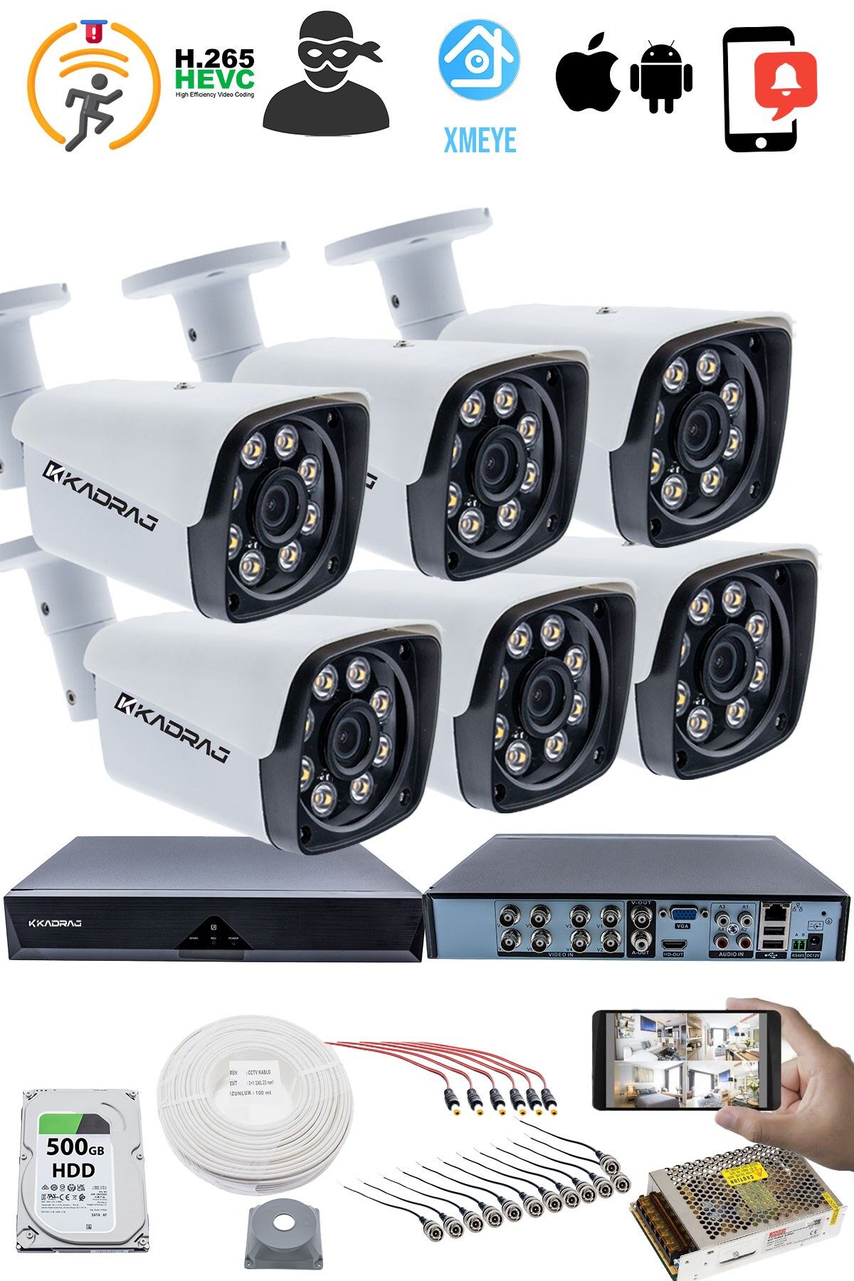 6 KAMERALI GÜVENLİK KAMERASI SETİ - 5MP Sony SecuLensli 1080P Full HD AHD, 8 Ultra Warm LED
