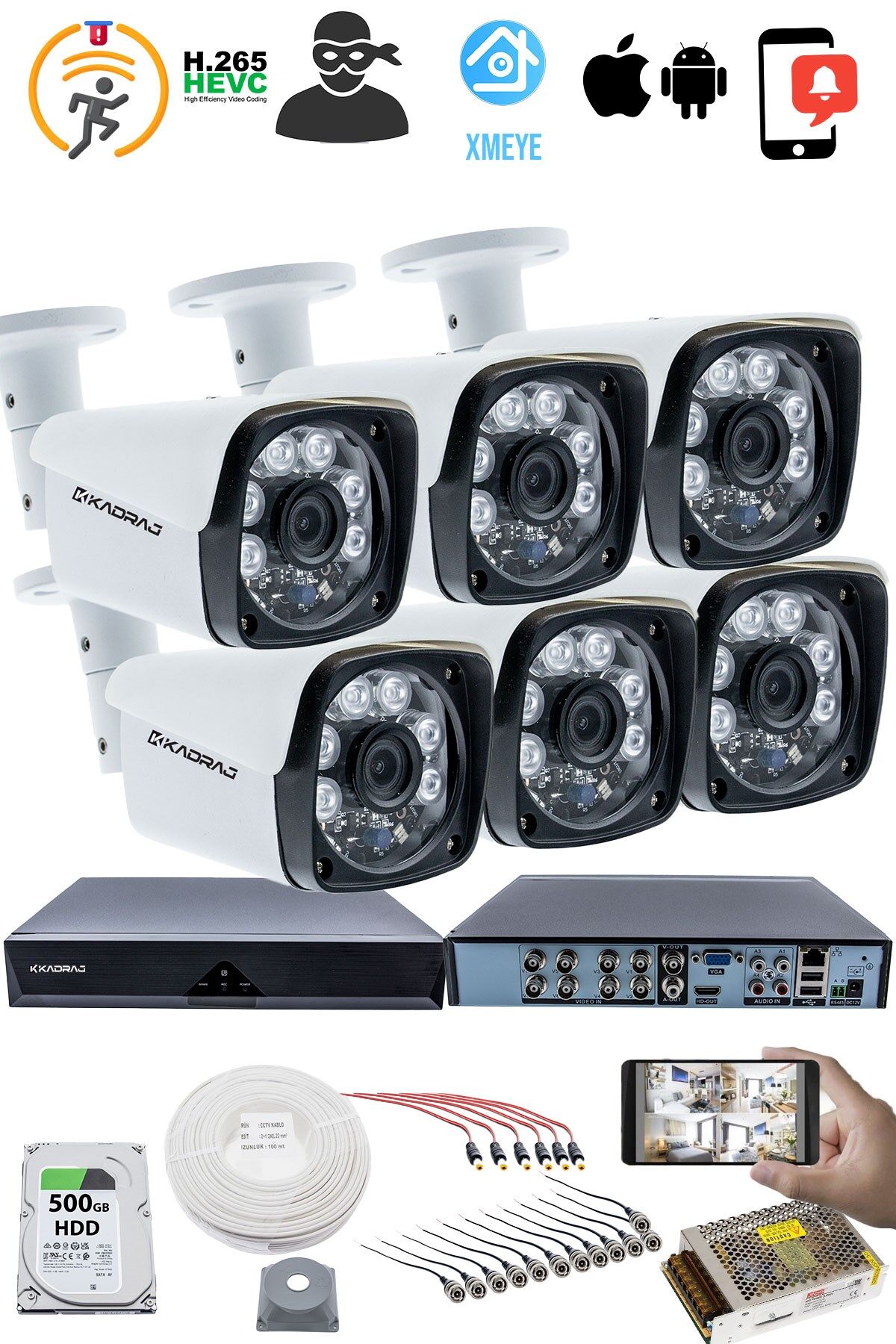 6 Kameralı Set 5MP Sony SecuLensli 1080P Full HD, 6 Atom LED, AHD Güvenlik Kamerası Seti