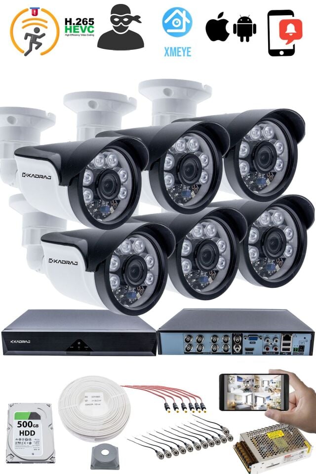 6'lı Kamera Seti 5MP Sony SecuLensli 1080p, 6 Atom LED, Full HD AHD Güvenlik Kamerası Seti
