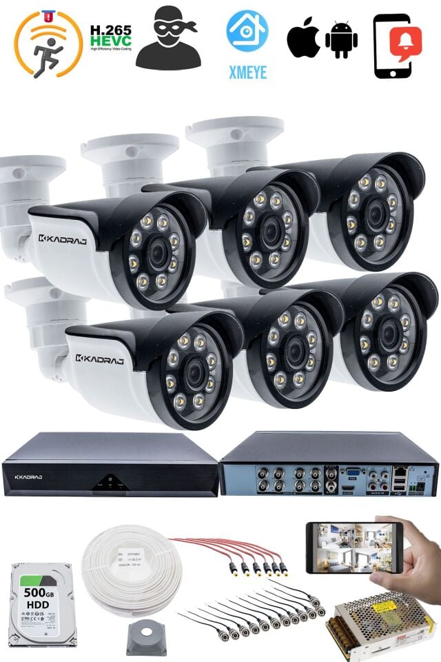 6'LI KAMERALI GÜVENLİK KAMERASI SETİ - 5MP Sony SecuLensli 1080p AHD, 8 Warm LED, Gece Renkli