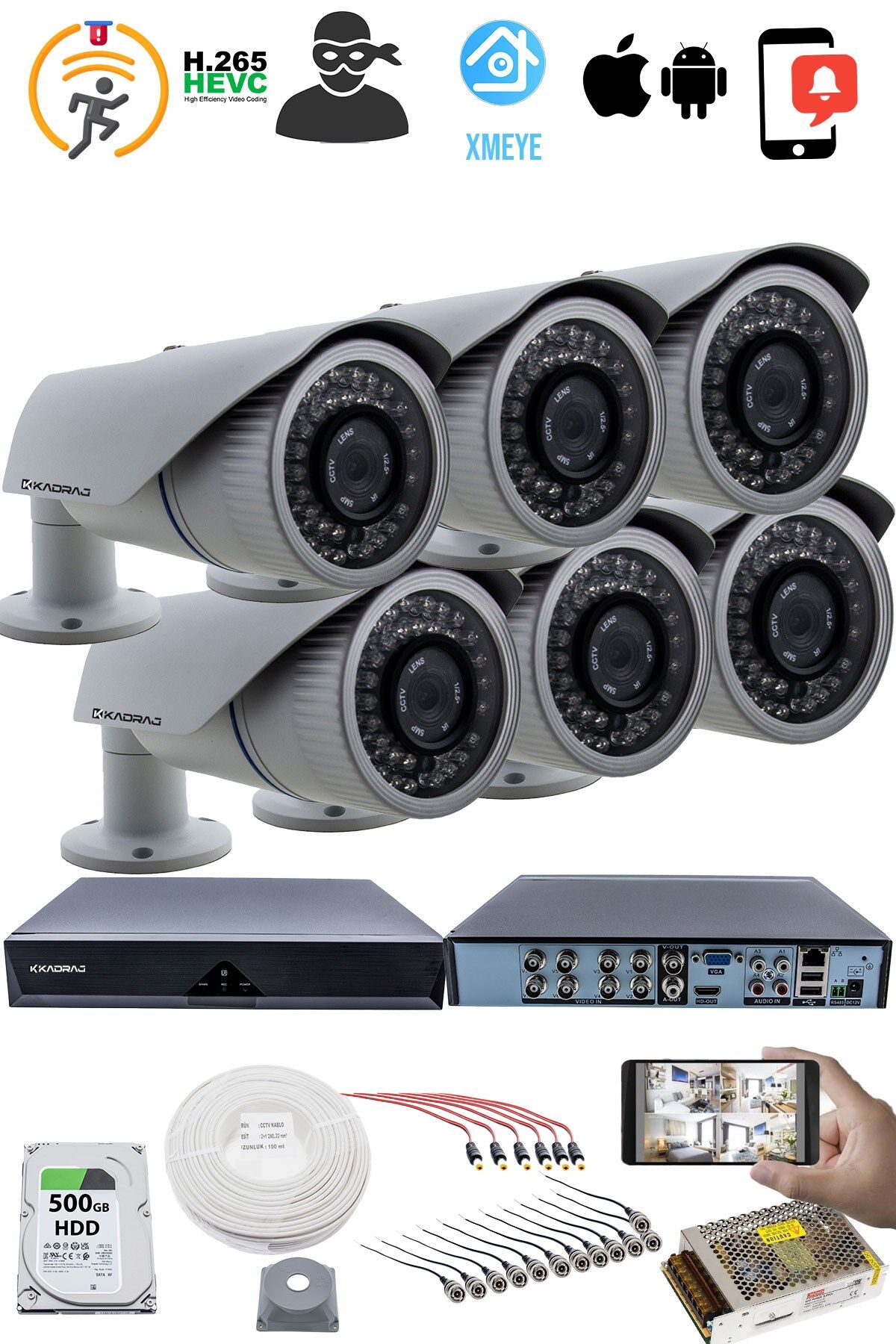 6'LI KAMERALI GÜVENLİK KAMERASI SETİ - 5MP Sony SecuLensli 1080p AHD, 42 IR LED,Gece Görüşlü