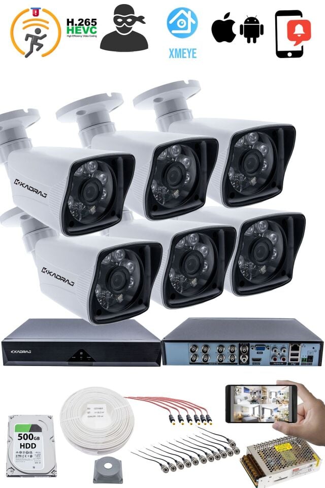 6 KAMERALI SET - 5MP Sony SecuLensli 1080P Full HD AHD, 6 Atom LED, Gece Görüşlü, IP66 Su Geçirmez,