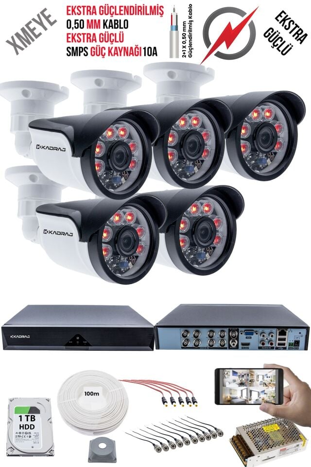 5 Kameralı Güvenlik Kamera Seti - Ekstra Uzun Mesafeli Güçlü, 5MP Sony Lens, 6 Atom LED, 1TB  H.D.D