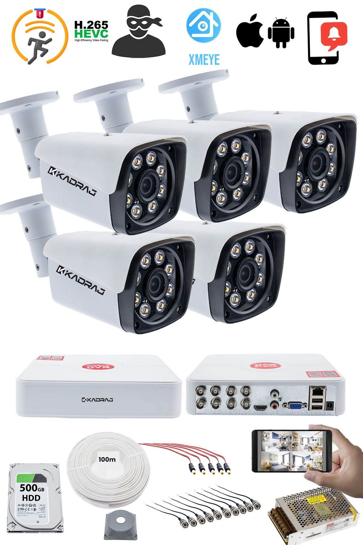 5 KAMERALI  SET - 5MP Sony SecuLensli 1080P Full HD AHD,8 Ultra Warm LED, Gece Renkli