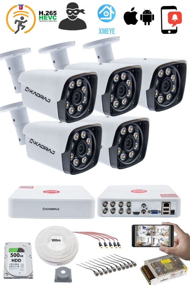 5 KAMERALI  SET - 5MP Sony SecuLensli 1080P Full HD AHD,8 Ultra Warm LED, Gece Renkli